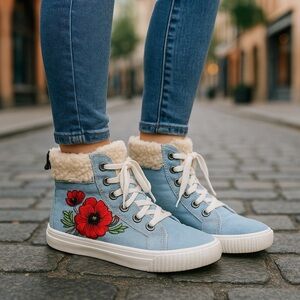 Blowfish Women’s Malibu Hightop Sneakers Floral Size 8 Faux Shearling Denim-Like